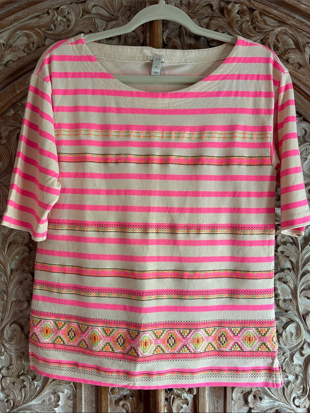 J. Crew Pink and Cream Striped Embroidered Short Sleeve Tee